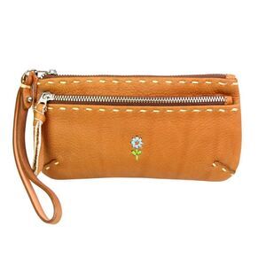 Fredd + Basha TAN BROWN REAL LEATHER ZIP TOP SMALL PURSE CLUTCH WALLET WRISTLET